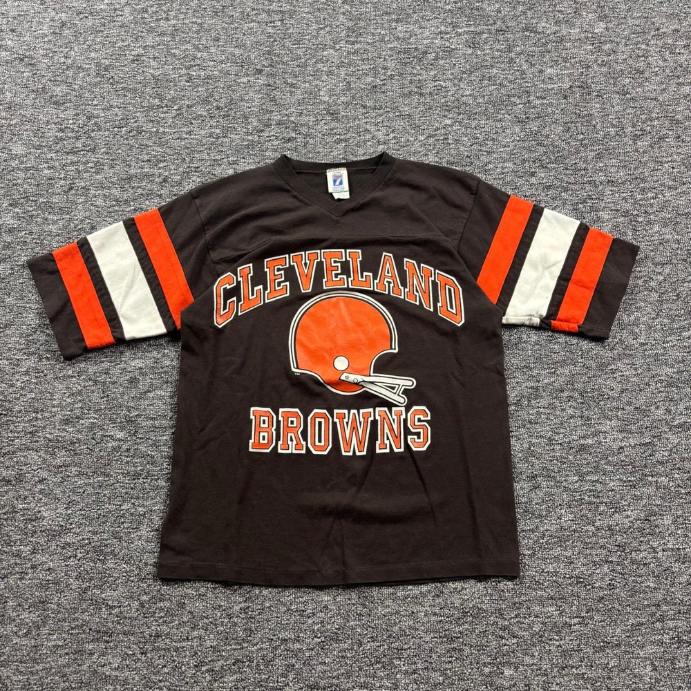 Vintage 1990s Logo 7 Cleveland Browns Striped Raglan Brown T-Shirt Size Medium